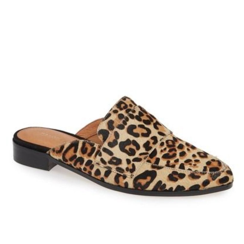 Halogen Calf Hair Leopard Mules, size 11